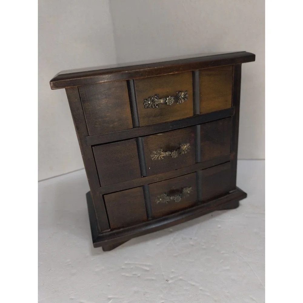 VTG 70s Mele Wooden Music Jewelry Box - 3 Drawer 7.5x8